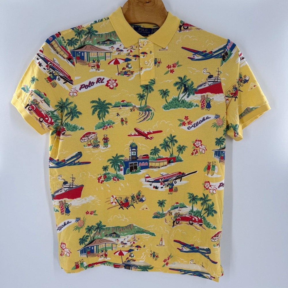 Polo Ralph Lauren Mens Aloha Tropical Hawaiian Print Polo Shirt Yellow XL